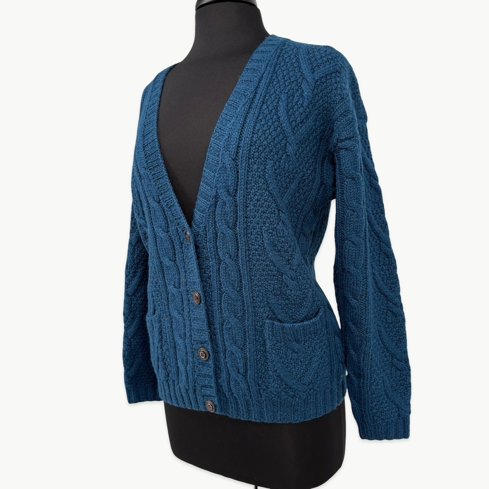 Vintage L.L. Bean Fisherman Cable Knit Wool Cardigan Sz Medium Navy 90s Classic - Picture 5 of 13